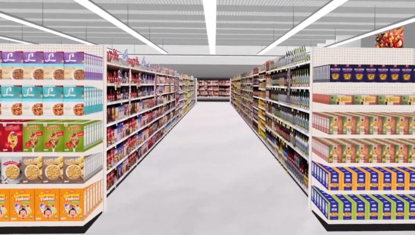 3D rendering of a grocery aisle