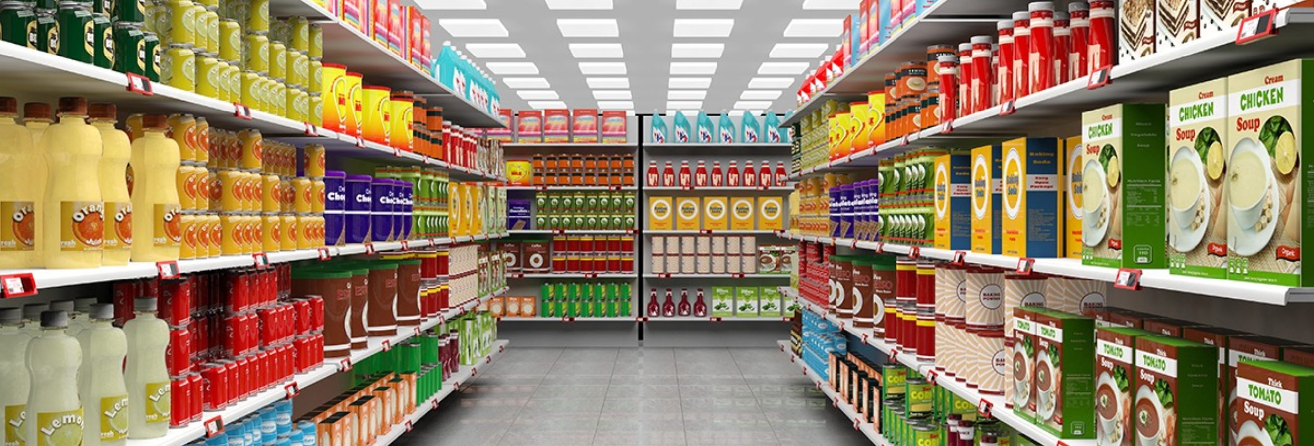 virtual supermarket interior with shelves full of various products