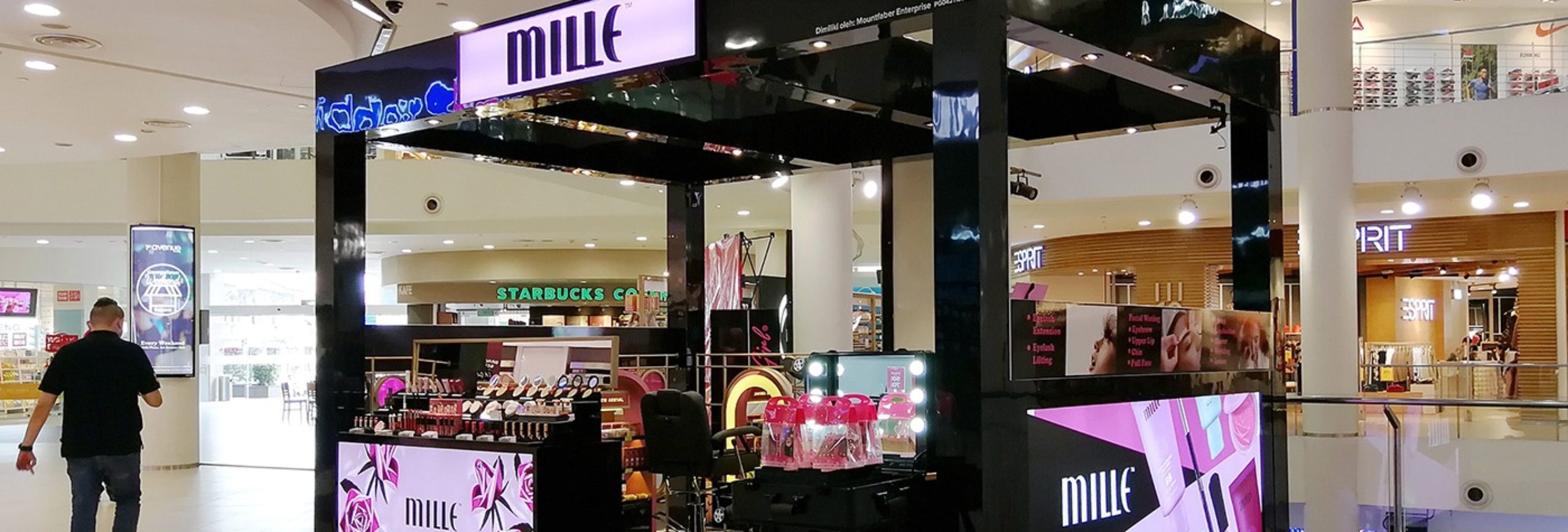 Mille beauty and makeup product pop up kiosk on the first floor of 1st Avenue shopping mall