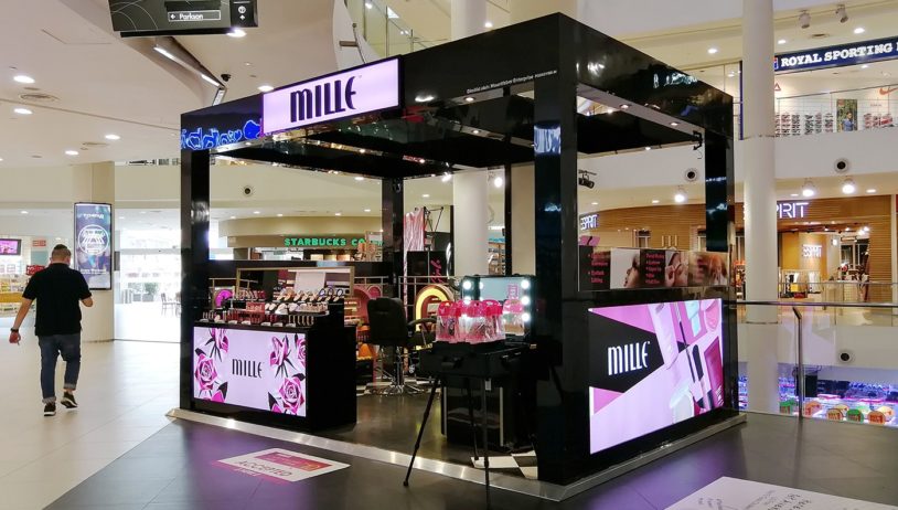 Mille beauty and makeup product pop up kiosk on the first floor of 1st Avenue shopping mall