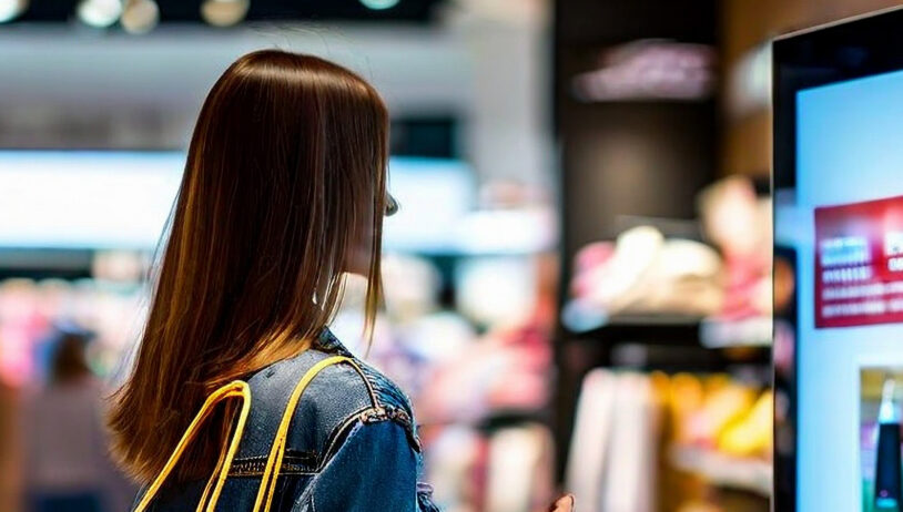 Shopper deciding at shelf with in-store digital tools present